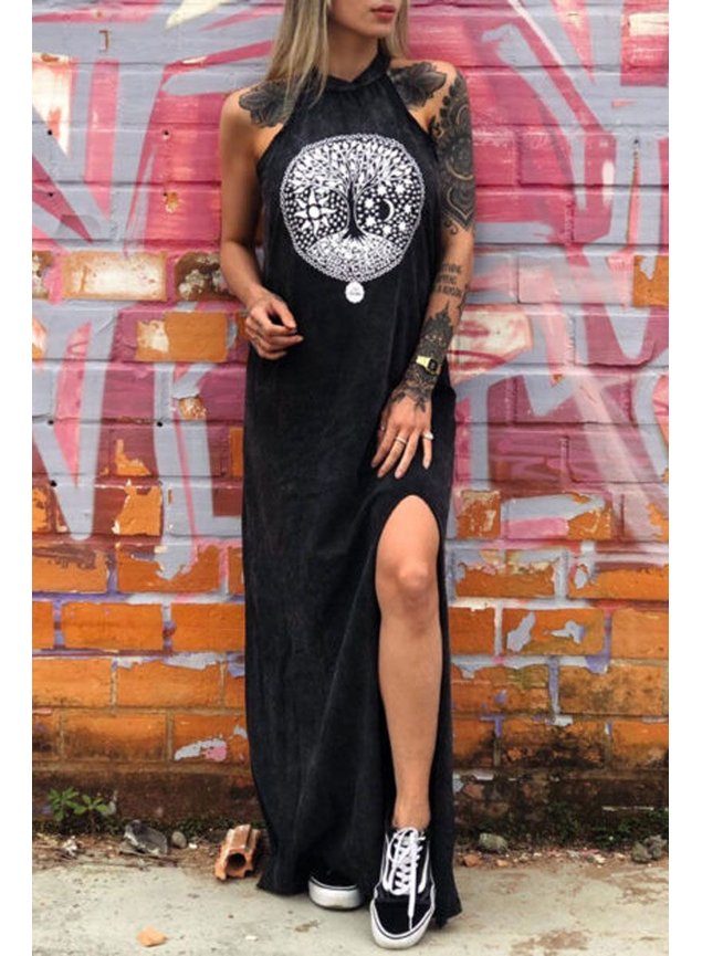 vestido longo estonado com fenda arvore da vida 3