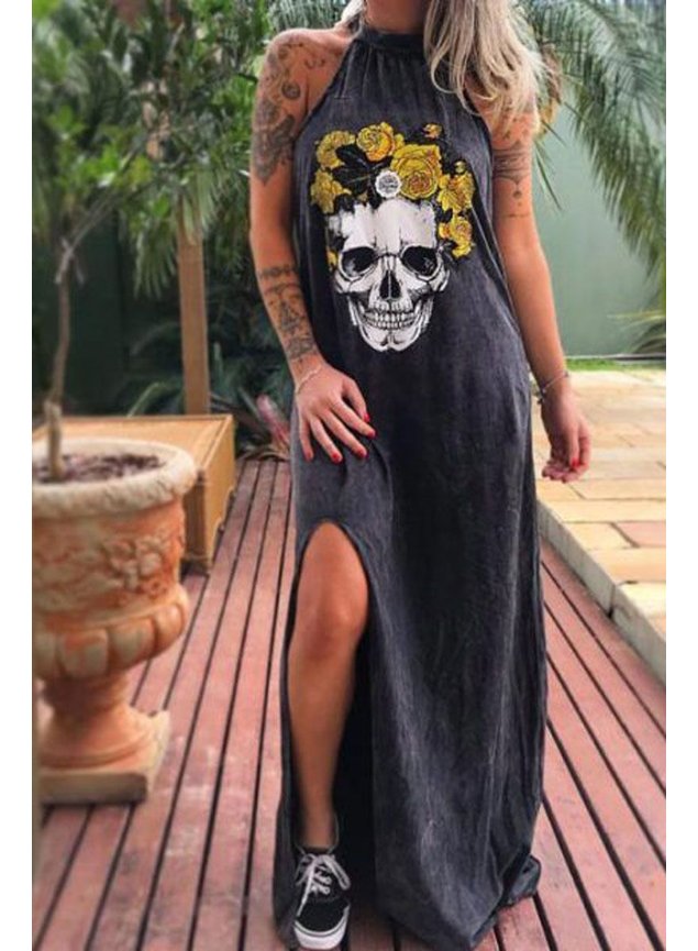 vestido longo estonado com fenda skull 1