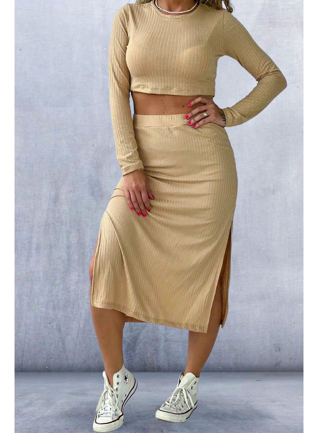 Saia Midi Canelada Amêndoa