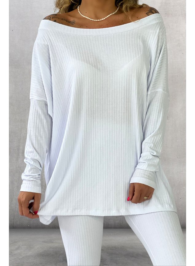 blusa ampla canelada manga longa branca 1