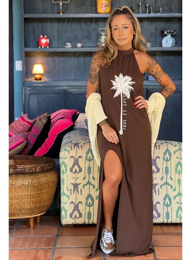 vestido longo frente unica marrom coqueiro 5
