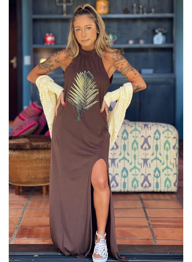 vestido longo frente unica marrom folha palmeira 2
