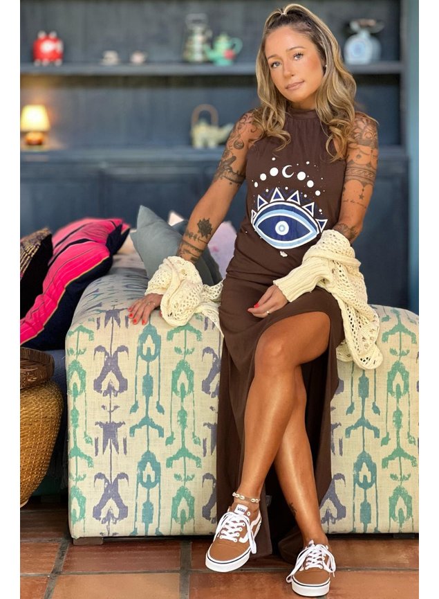 vestido longo frente unica marrom olho grego 2
