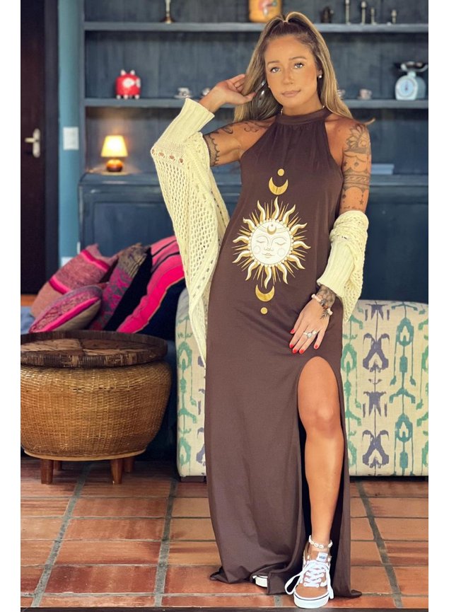 vestido longo frente unica marrom sol mistico 3