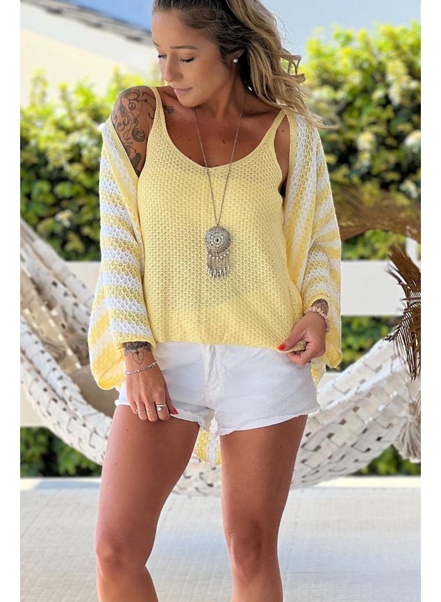 conjunto tricot listras cardigan e blusa amarelo manteiga claro 3