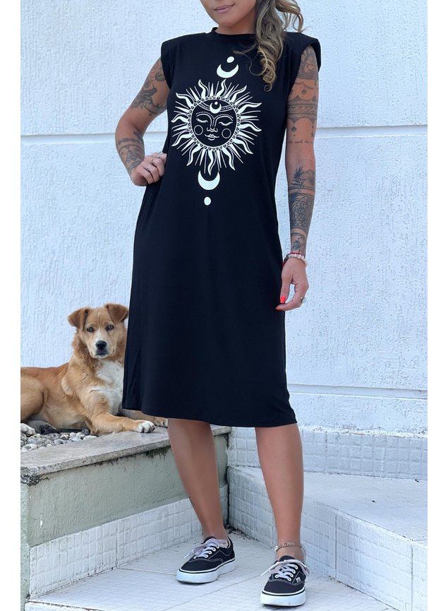 vestido midi ombreiras preto sol mistico